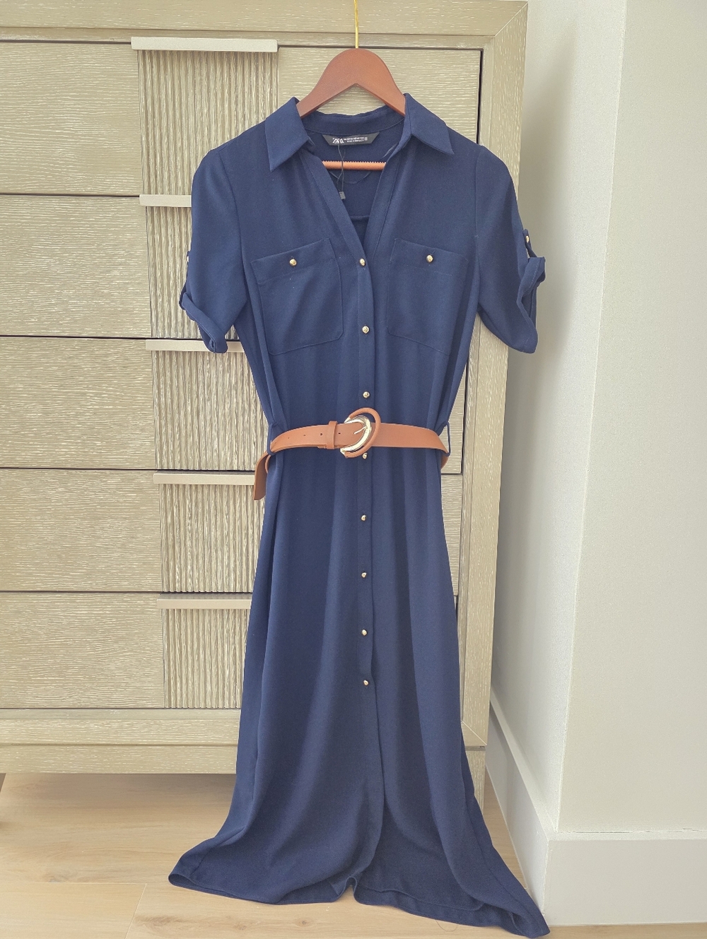 ZARA Navy Shirt Dress w/ Belt Gold Buttons XS (US 0–2)